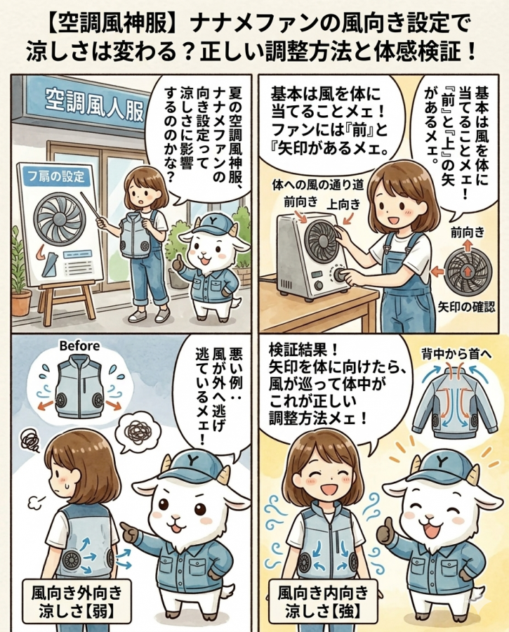 【空調風神服】ナナメファンの風向き設定で涼しさは変わる？正しい調整方法と体感検証！