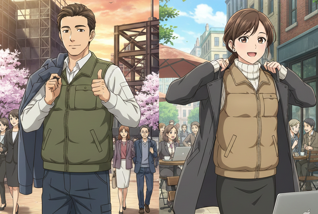 アウターを脱ぐ自由を。桑和の名作「綿100％防寒ベスト」が現場と街を繋ぐ。