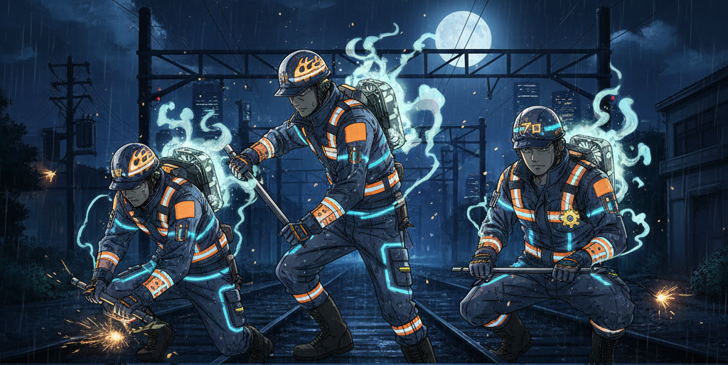 【闇を切り裂く視認性】命を預ける「反射材付き空調服」が軌道工の夜を支配する。カスタマイズで貫くプロの矜持