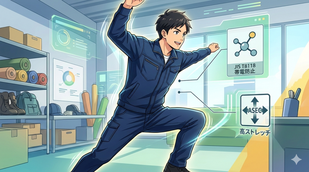 【桑和3002徹底解説】ストレッチ作業服の新基準！素材「アセック」の驚異的な動きやすさとJIS帯電防止の安全性をプロがレビュー