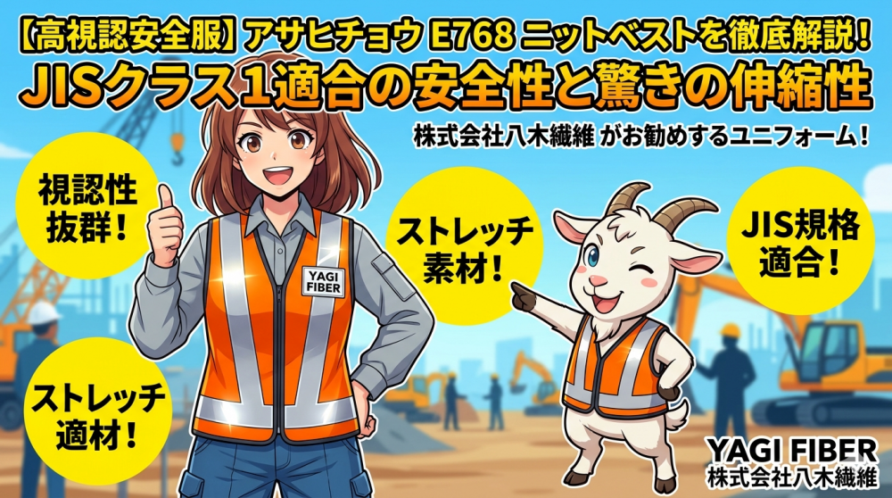 【高視認安全服】アサヒチョウE768ニットベストを徹底解説！JISクラス1適合の安全性と驚きの伸縮性