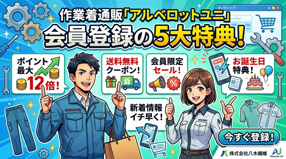 作業着通販「アルベロットユニ」会員登録の5大特典！ポイント最大12倍＆送料無料クーポンを徹底解説
