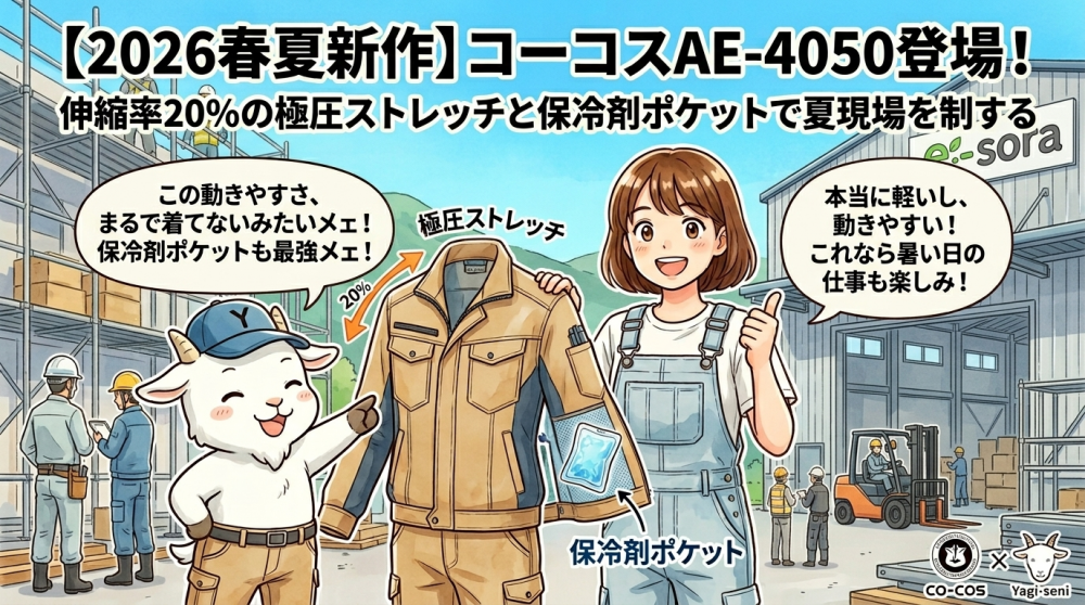 【2026春夏新作】コーコスAE-4050登場！伸縮率20％の極圧ストレッチと保冷剤ポケットで夏現場を制する