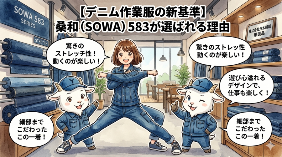 【デニム作業服の新基準】桑和（SOWA）583が選ばれる理由｜ストレッチ性と遊び心溢れるデザインを徹底解説