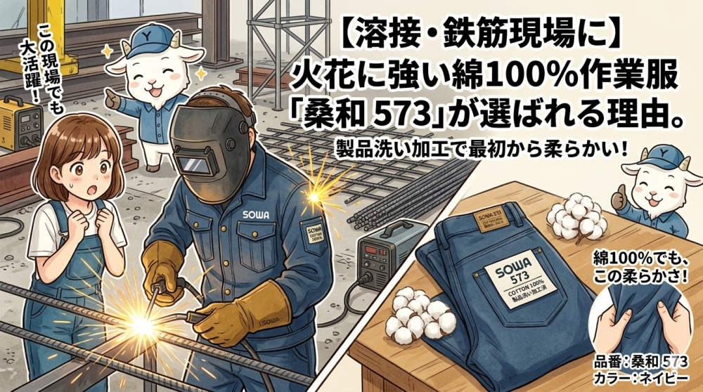 【溶接・鉄筋現場に】火花に強い綿100%作業服「桑和 573」が選ばれる理由。製品洗い加工で最初から柔らかい！