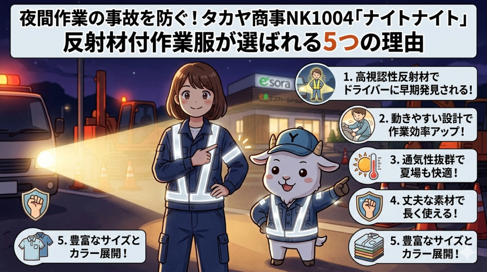 夜間作業の事故を防ぐ！タカヤ商事NK1004「ナイトナイト」反射材付作業服が選ばれる5つの理由