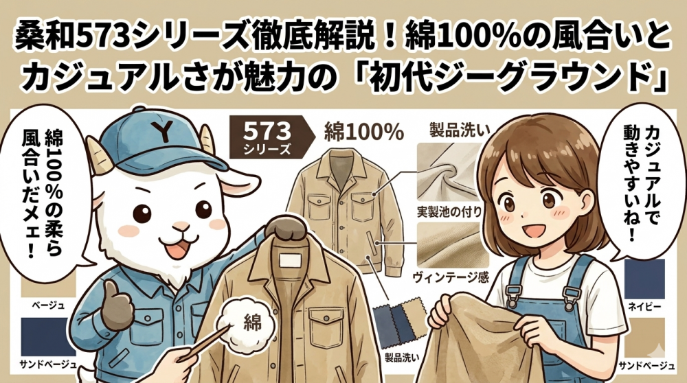 桑和573シリーズ徹底解説！綿100％の風合いとカジュアルさが魅力の「初代ジーグラウンド」