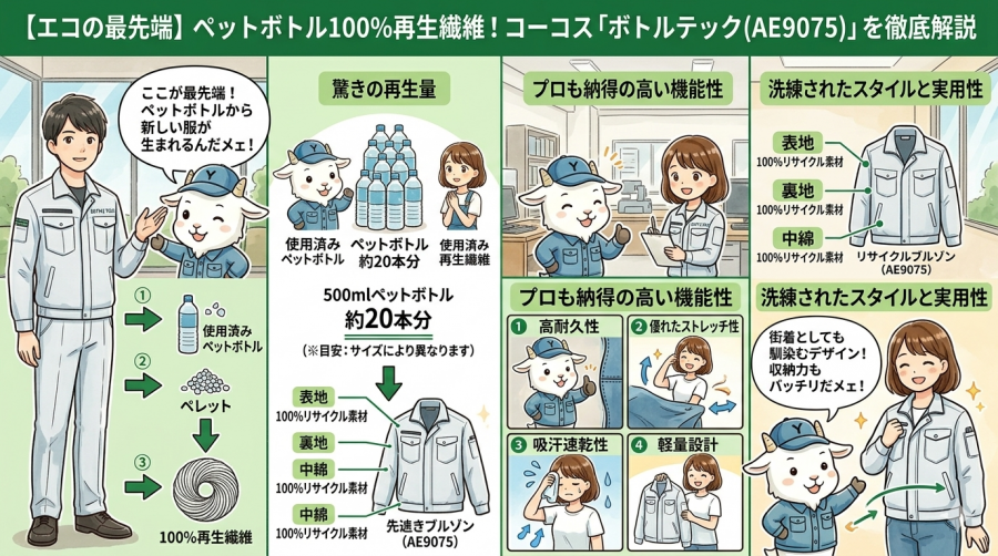 【エコの最先端】ペットボトル100％再生繊維！コーコス「ボトルテック（AE9075）」を徹底解説