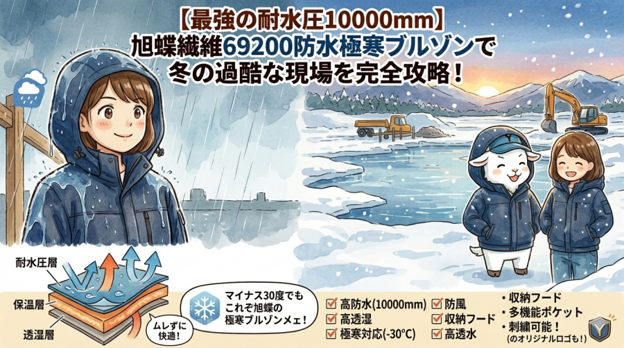 【最強の耐水圧10000mm】旭蝶繊維69200防水極寒ブルゾンで冬の過酷な現場を完全攻略！