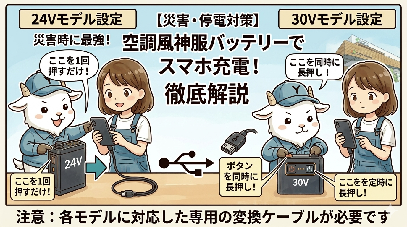 【災害・停電対策】空調風神服のバッテリーでスマホ充電する裏技！24V日本製品と30Vグローバルモデルの設定方法を徹底解説