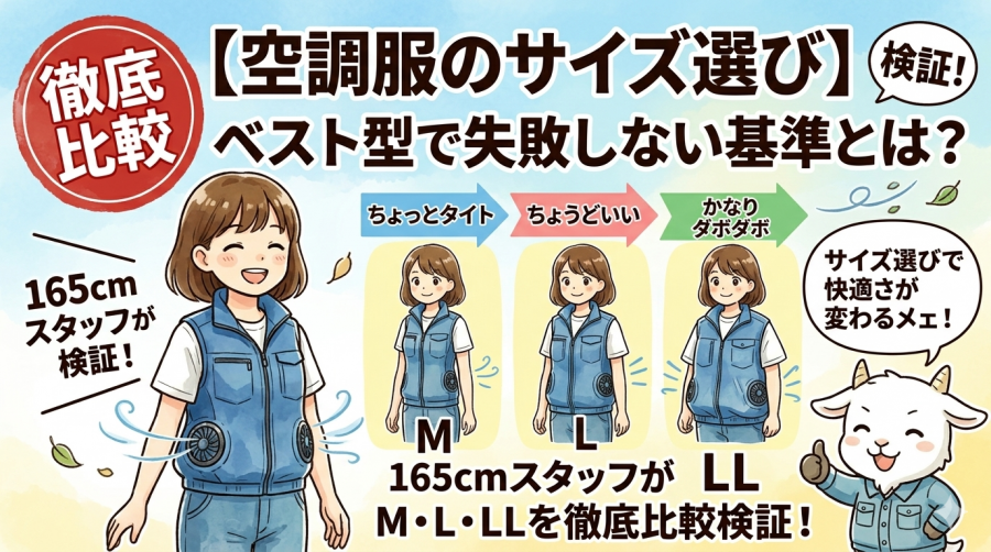【空調服のサイズ選び】ベスト型で失敗しない基準とは？165cmスタッフがM・L・LLを徹底比較検証！