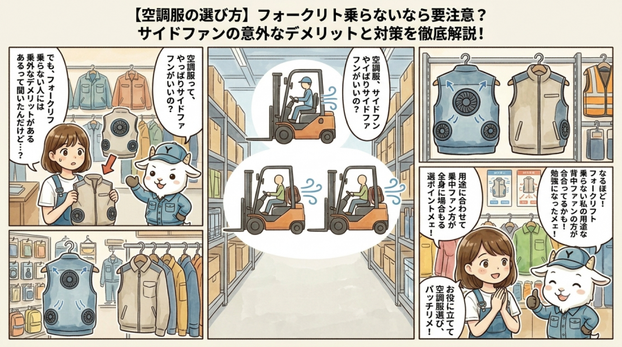 【空調服の選び方】フォークリフト乗らないなら要注意？サイドファンの意外なデメリットと対策を徹底解説！