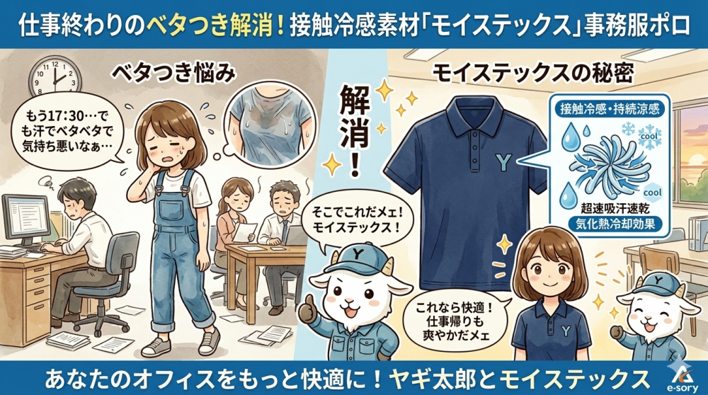 仕事終わりのベタつき解消！接触冷感素材「モイステックス」を採用した事務服ポロの驚きの機能性