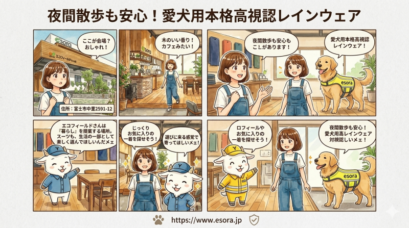 夜間の散歩中、ヒヤッとした経験はありませんか？人間用の高視認性安全服で培った技術を惜しみなく投入した、愛犬のための本格レインウェアについて解説