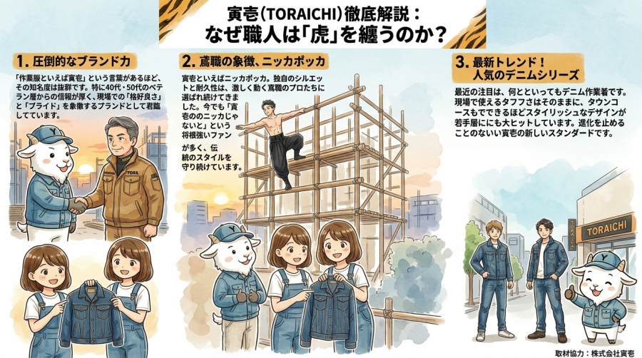 寅壱（TORAICHI）徹底解説：なぜ職人は「虎」を纏うのか？ 今回は、作業服界の超人気ブランド「寅壱」について、その魅力をご紹介します！ 1. 圧倒的なブランド力 「作業服といえば寅壱」という言葉があるほど、その知名度は抜群です。特に40代・50代のベテラン層からの信頼が厚く、現場での「格好良さ」と「プライド」を象徴するブランドとして君臨しています。 2. 鳶職の象徴、ニッカポッカ 寅壱といえばニッカポッカ。独自のシルエットと耐久性は、激しく動く鳶職のプロたちに選ばれ続けてきました。今でも「寅壱のニッカじゃないと」という根強いファンが多く、伝統のスタイルを守り続けています。 3. 最新トレンド！人気のデニムシリーズ 最近の注目は、何といってもデニム作業着です。現場で使えるタフさはそのままに、タウンユースもできるほどスタイリッシュなデザインが若手層にも大ヒットしています。進化を止めることのない寅壱の新しいスタンダードです。 寅壱の商品をショップでチェックする 運営：株式会社八木繊維（静岡県富士市）