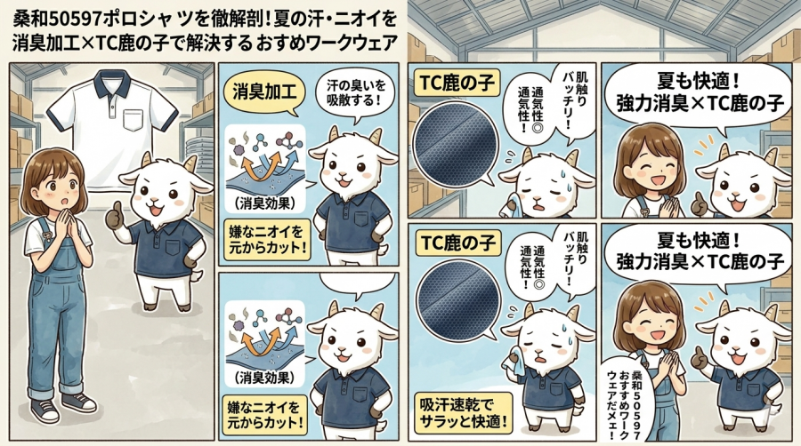 桑和50597ポロシャツを徹底解剖！夏の汗・ニオイを消臭加工×TC鹿の子で解決するおすすめワークウェア