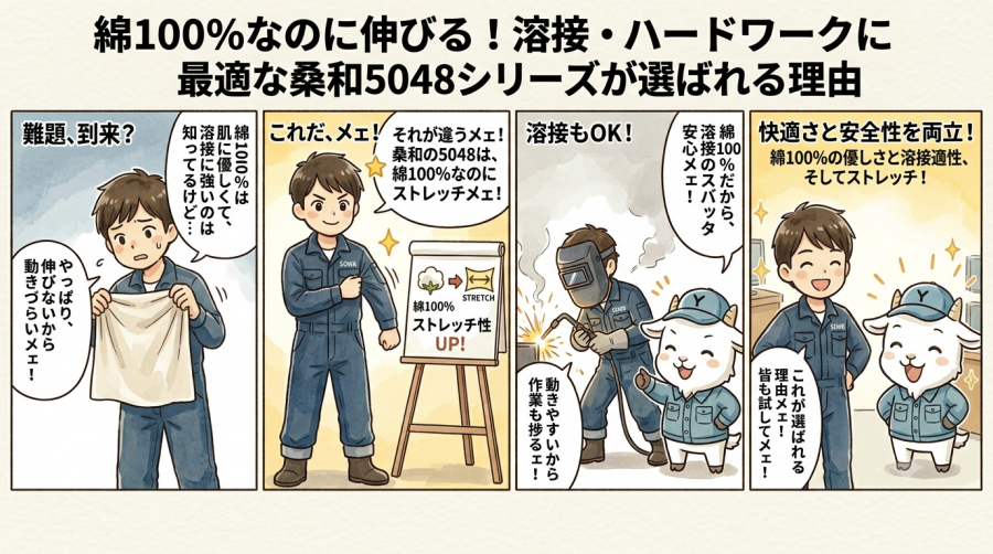 綿100％なのに伸びる！溶接・ハードワークに最適な桑和5048シリーズが選ばれる理由