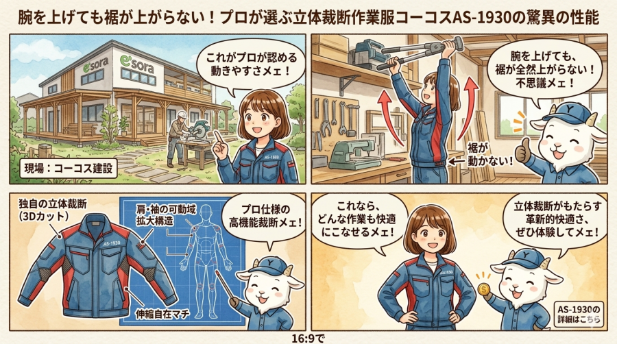 腕を上げても裾が上がらない！プロが選ぶ立体裁断作業服コーコスAS-1930の驚異の性能