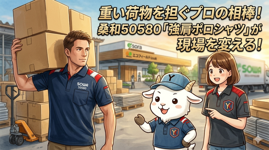 重い荷物を担ぐプロの相棒！桑和50580「強肩ポロシャツ」が現場を変える