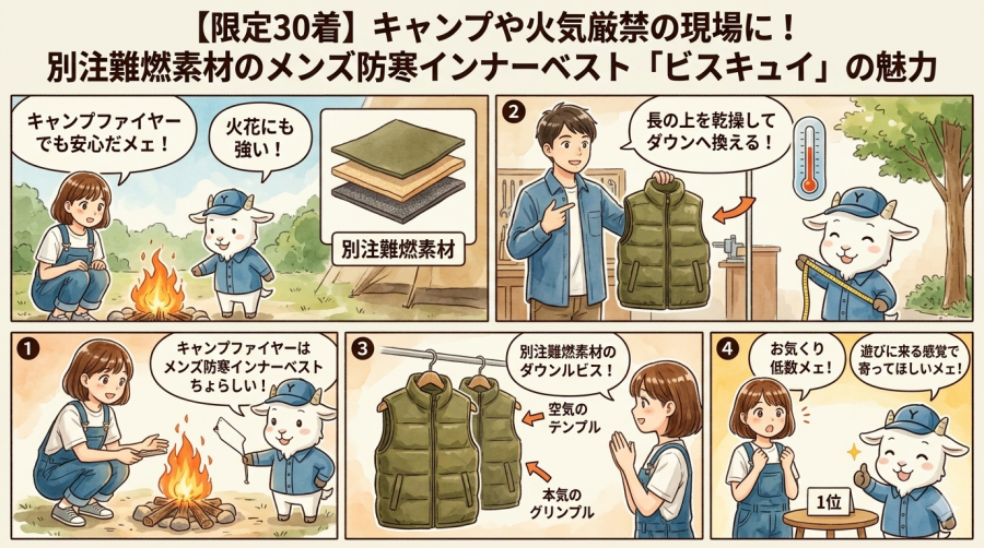 【限定30着】キャンプや火気厳禁の現場に！別注難燃素材のメンズ防寒インナーベスト「ビスキュイ」の魅力