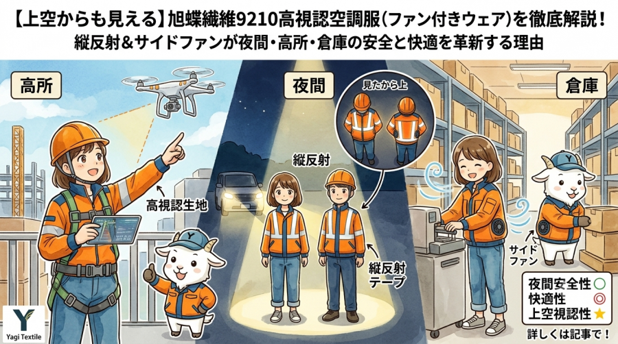 【上空からも見える】旭蝶繊維9210高視認空調服（ファン付きウェア）を徹底解説！縦反射＆サイドファンが夜間・高所・倉庫の安全と快適を革新する理由