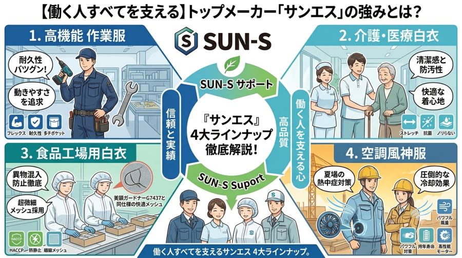 【働く人すべてを支える】トップメーカー「サンエス」の強みとは？作業服から介護・食品白衣・空調風神服まで網羅する4大ラインナップを徹底解説！