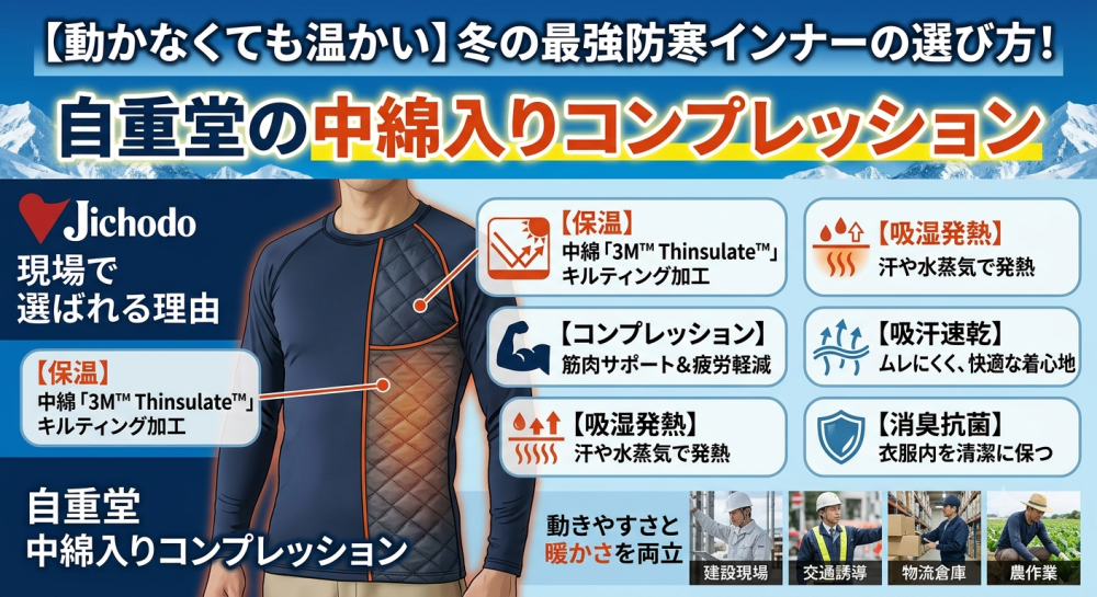 【動かなくても温かい】冬の最強防寒インナーの選び方！自重堂の中綿入りコンプレッションが現場で選ばれる理由