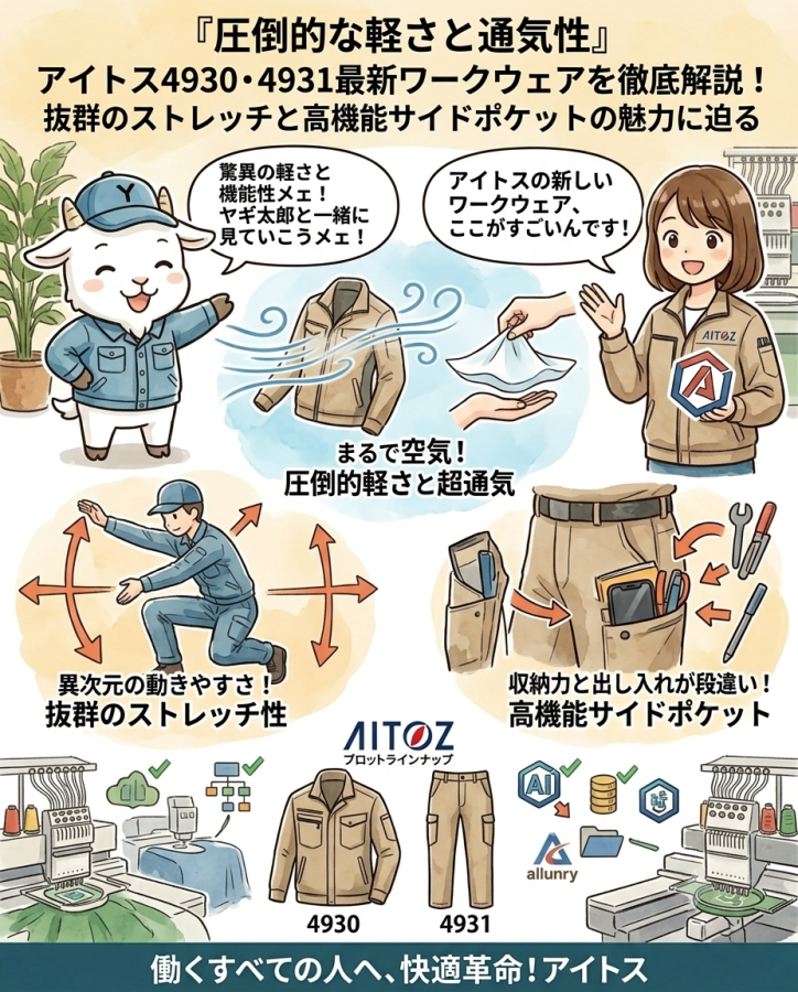 【圧倒的な軽さと通気性】アイトス4930・4931最新ワークウェアを徹底解説！抜群のストレッチと高機能サイドポケットの魅力に迫る