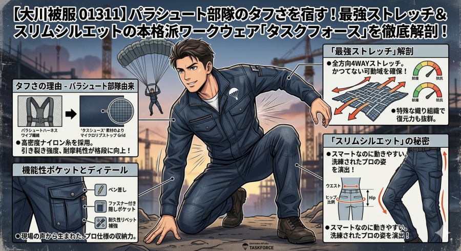 【大川被服 01311】パラシュート部隊のタフさを宿す！最強ストレッチ＆スリムシルエットの本格派ワークウェア「タスクフォース」を徹底解剖！