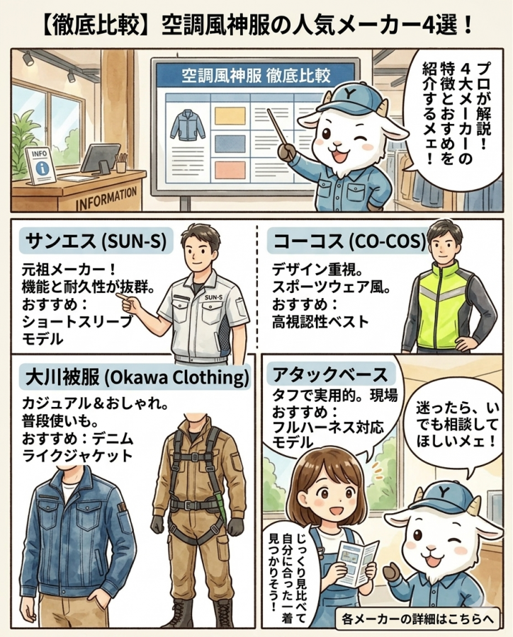 【徹底比較】空調風神服の人気メーカー4選！サンエス・コーコス・大川被服・アタックベースの特徴とおすすめ作業服をプロが解説