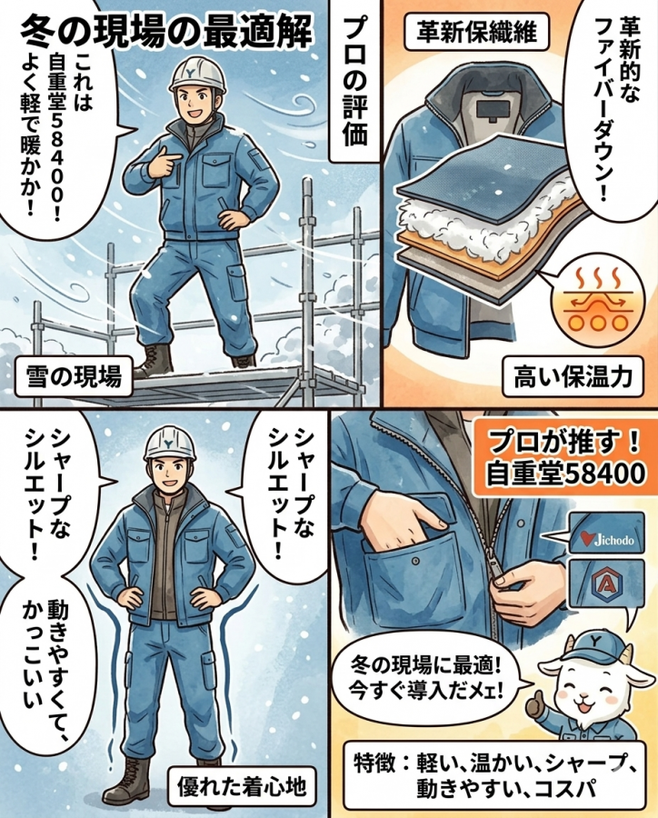 【徹底解説】自重堂58400防寒ジャンパーが冬の現場で選ばれる理由！革新的なファイバーダウンの暖かさとシャープなシルエットの魅力をプロが伝授