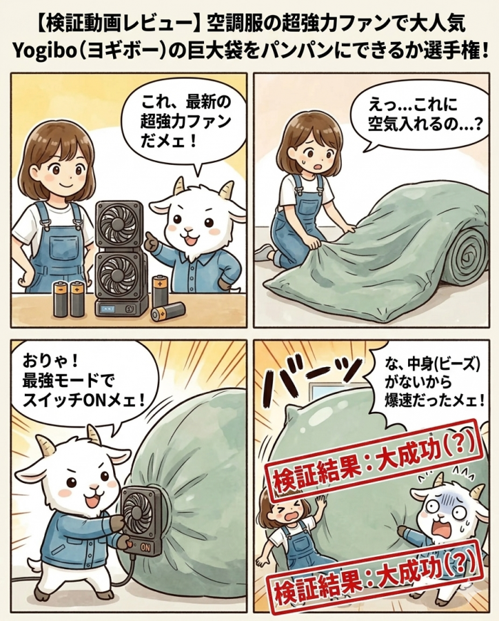 【検証動画レビュー】空調服の超強力ファンで大人気Yogibo（ヨギボー）の巨大袋をパンパンにできるか選手権！