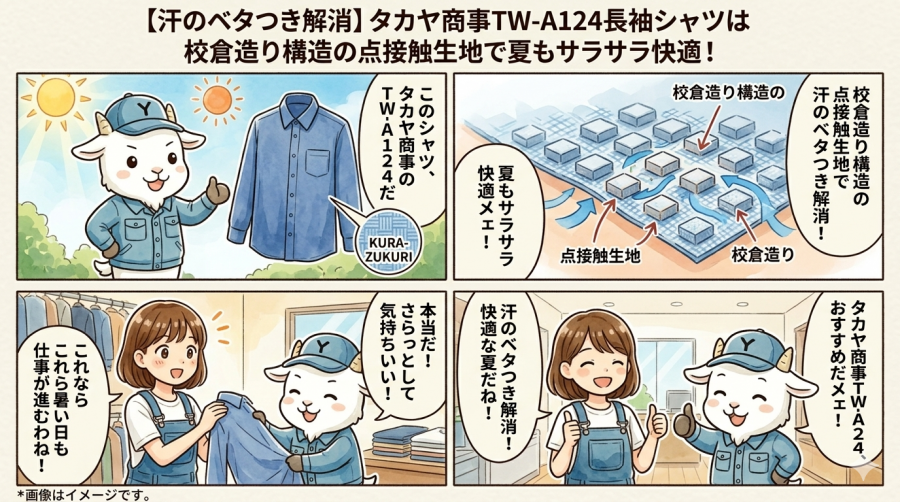 【汗のベタつき解消】タカヤ商事TW-A124長袖シャツは校倉造り構造の点接触生地で夏もサラサラ快適！