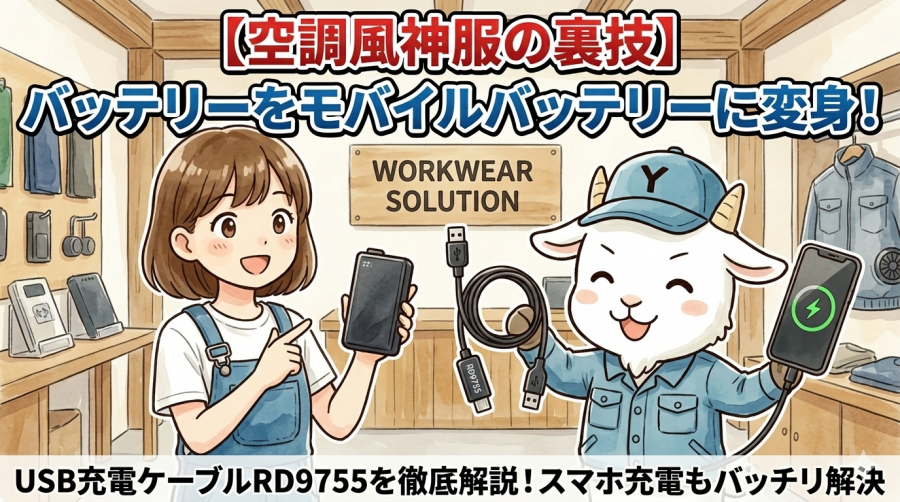 【空調風神服の裏技】バッテリーをモバイルバッテリーに変身させるUSB充電ケーブルRD9755を徹底解説！スマホ充電もバッチリ解決