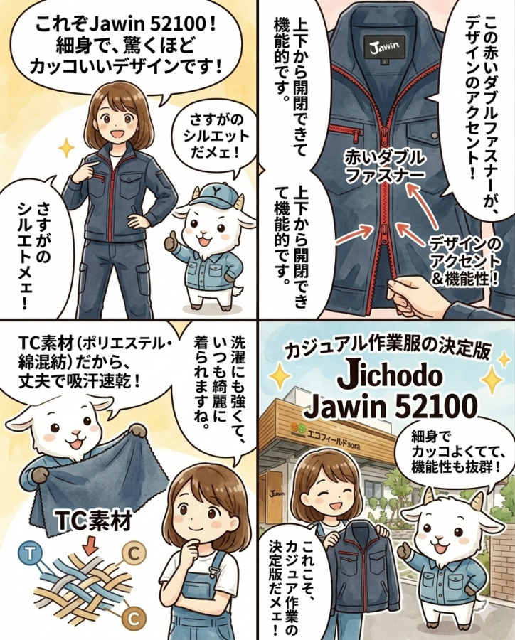 【細身で超絶かっこいい】自重堂Jawin 52100を徹底解説！赤いダブルファスナーとTC素材が織りなすカジュアル作業服の決定版
