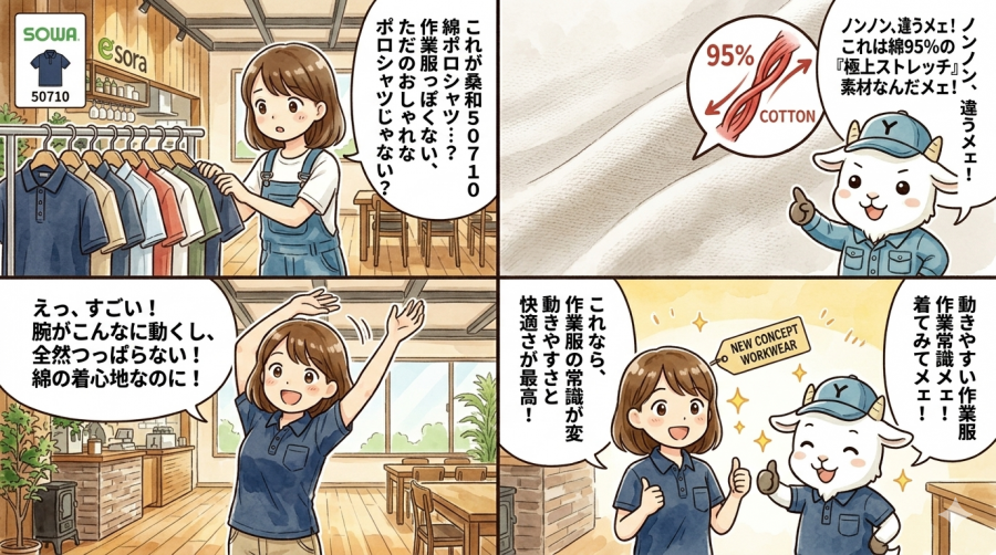 【綿95%の極上ストレッチ】桑和（SOWA）50710綿ポロシャツが作業服の常識を変える！着心地と動きやすさを徹底解説