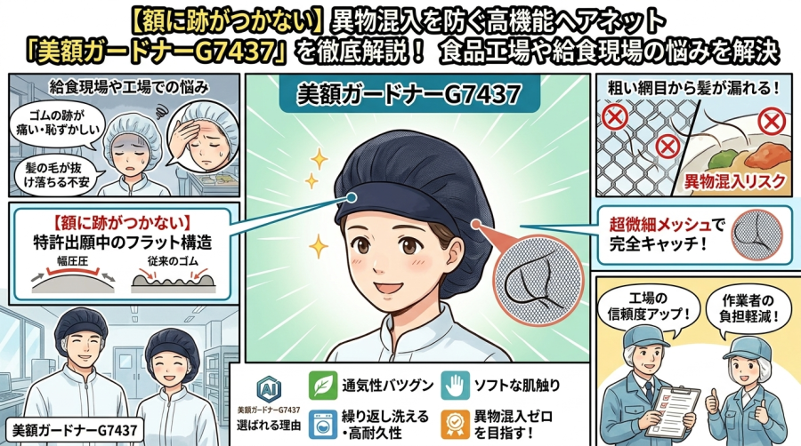 【額に跡がつかない】異物混入を防ぐ高機能ヘアネット「美額ガードナーG7437」を徹底解説！食品工場や給食現場の悩みを解決
