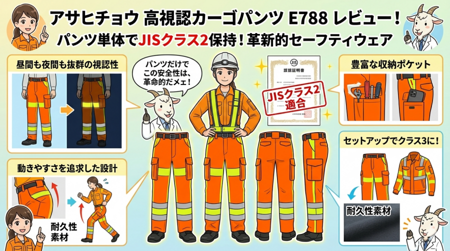 アサヒチョウの高視認カーゴパンツE788をレビュー！パンツ単体でJISクラス2を保持する革新的なセーフティウェア