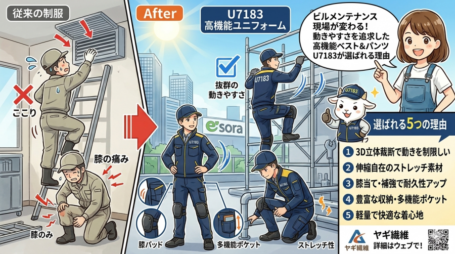 ビルメンテナンス現場が変わる！動きやすさを追求した高機能ベスト＆パンツU7183が選ばれる理由