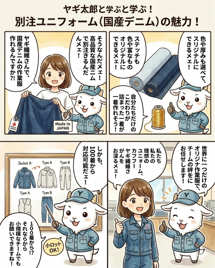 国産デニムで世界に一つだけのオリジナル作業服を作りませんか？100着から対応可能な別注ユニフォームの魅力