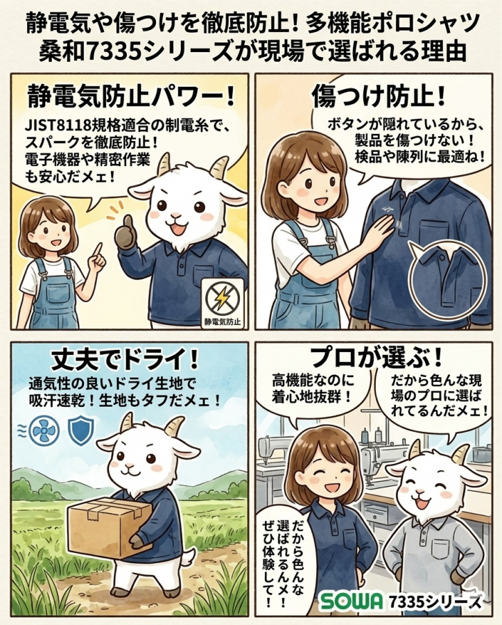 静電気や傷つけを徹底防止！多機能ポロシャツ桑和7335シリーズが現場で選ばれる理由