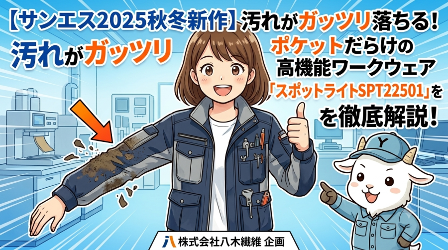 【サンエス2025秋冬新作】汚れがガッツリ落ちる！ポケットだらけの高機能ワークウェア「スポットライトSPT22501」を徹底解説！