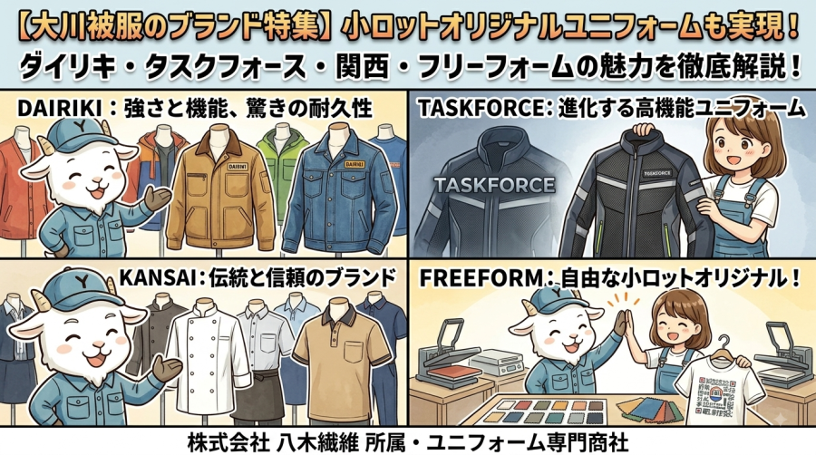 【大川被服のブランド特集】ダイリキ・タスクフォース・関西・フリーフォームの魅力を徹底解説！小ロットオリジナルユニフォームも実現